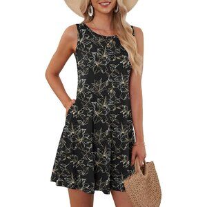 Women's Black Gold Sleeveless Crew Neck Summer Boho Beach Dress with Pockets